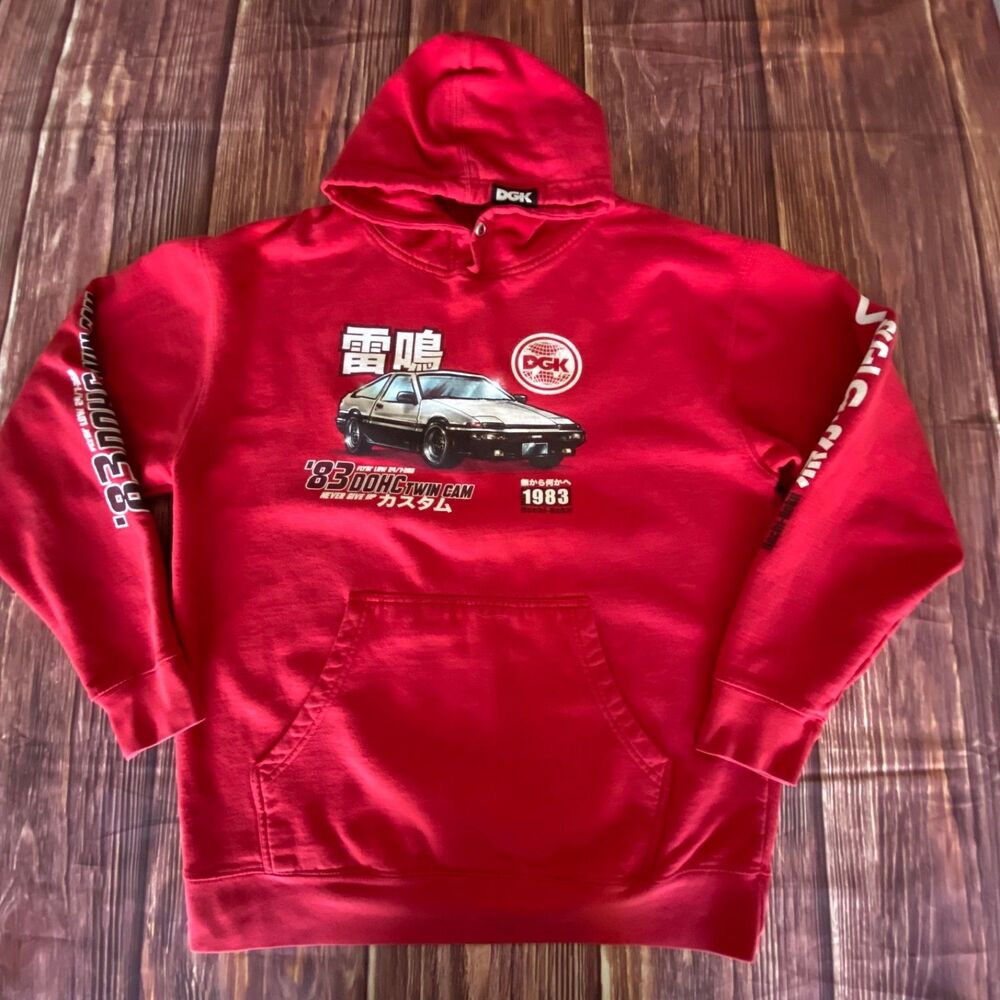 DGK Hachi Roku 1983 Hoodie Red Men's L Double Sided Graphic DOHC Twin Cam